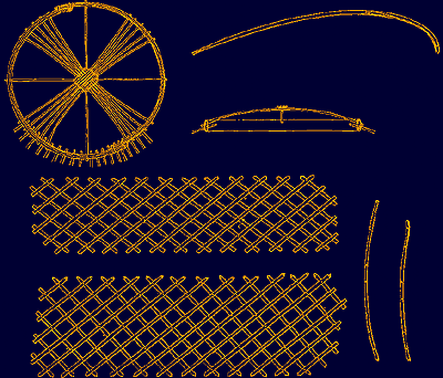 Vorgefertigte Teile einer Jurte: Dachrad, Bogensparren, Scherengitter