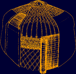 Darstellung der Skelettkonstruktion einer Jurte mit Spannbändern und Deckung